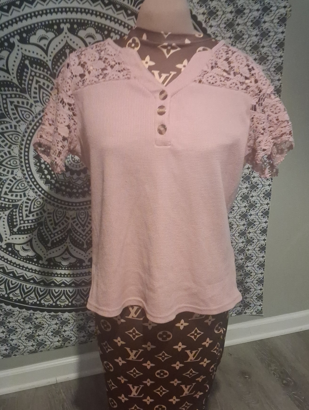 Lace-Trim Henley Blouse in Soft Pink